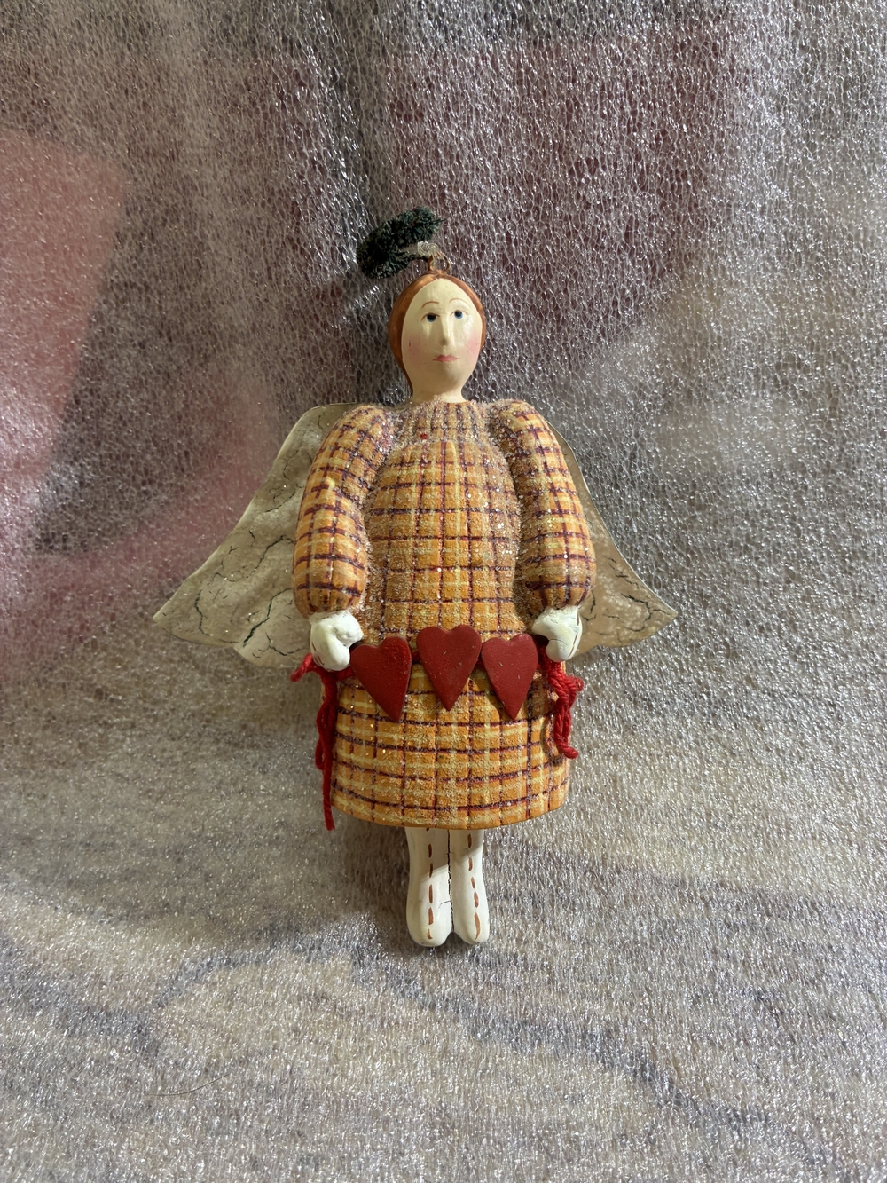 Department 56 Folk Art Angel Ornament in Yellow Plaid with Red Hearts